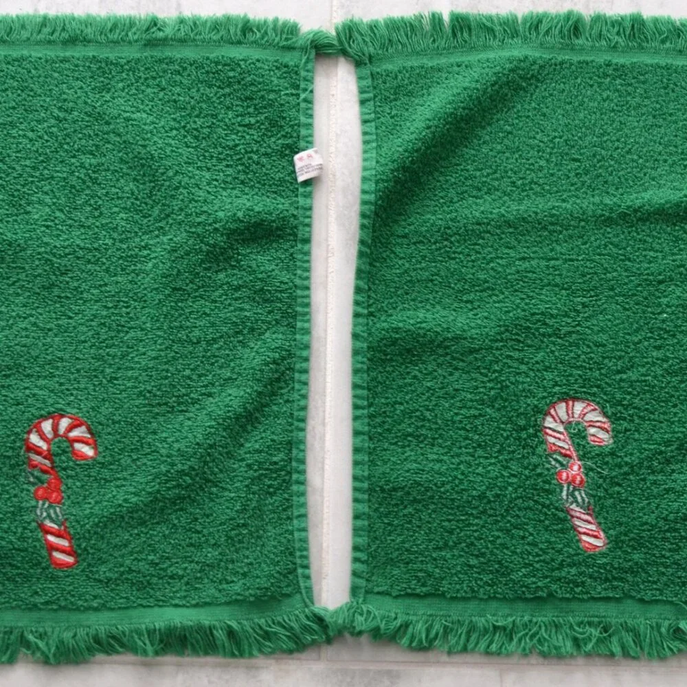 Christmas Hand Towels, Pair, Vintage Cannon Embroidered Candy Canec, Cotton, USA